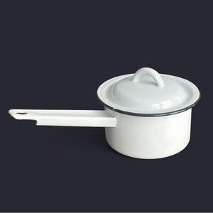 VINTAGE White Enamelware Sauce Pan with Lid made in Romania